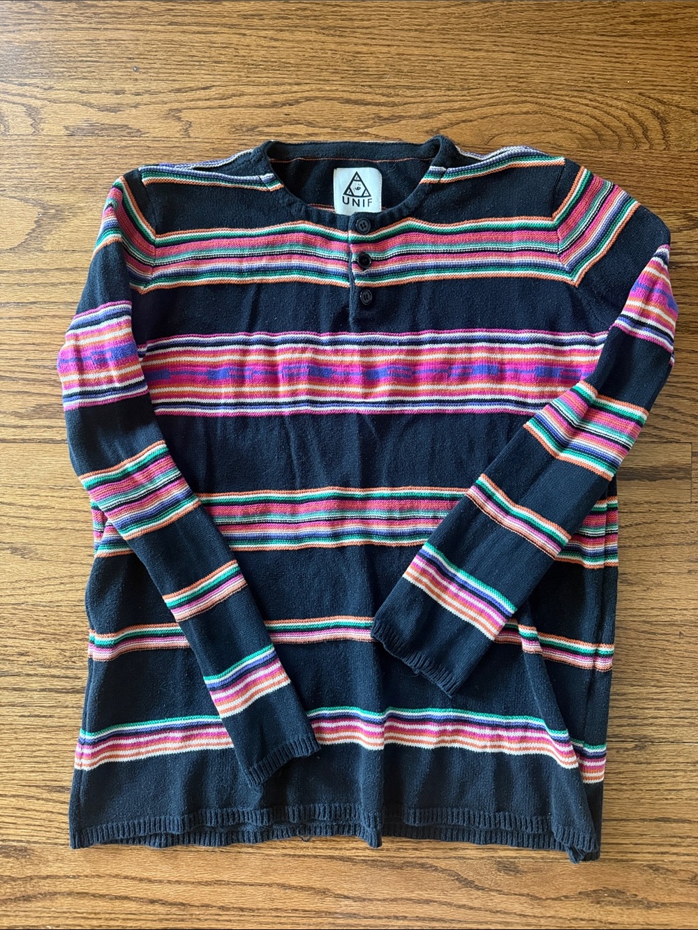 UNIF Black Henley Sweater with Multicolor Stripe Bands